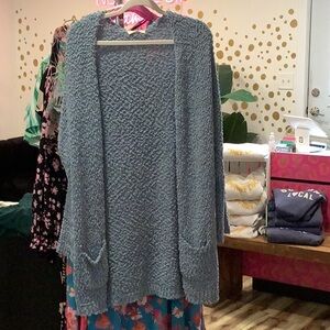Light blue long sleeve, fuzzy cardigan
